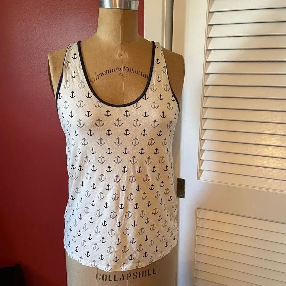 J CREW | cream with navy anchors tank top XS